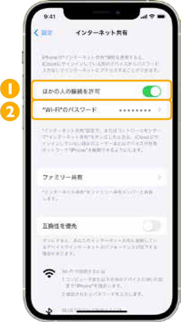 「インターネット共有」の画面。「ほかの人の接続を許可」と「Wi-Fiのパスワード」に番号がついています。